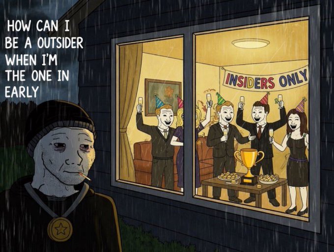 Outsider in the rain looking into an 'Insiders Only' party